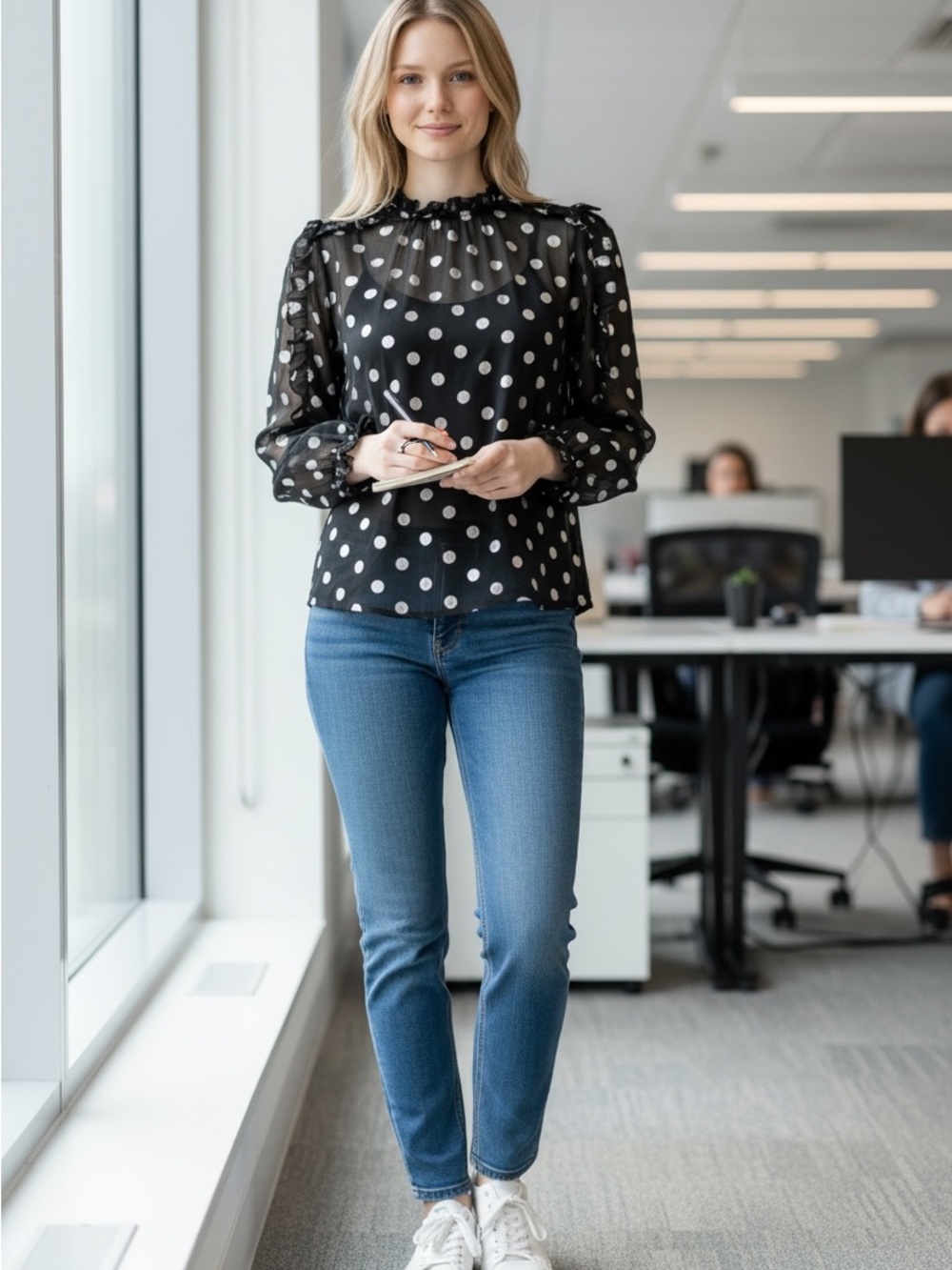 Black Polka Dot Sheer Long-Sleeve Blouse with Ruffled Neckline